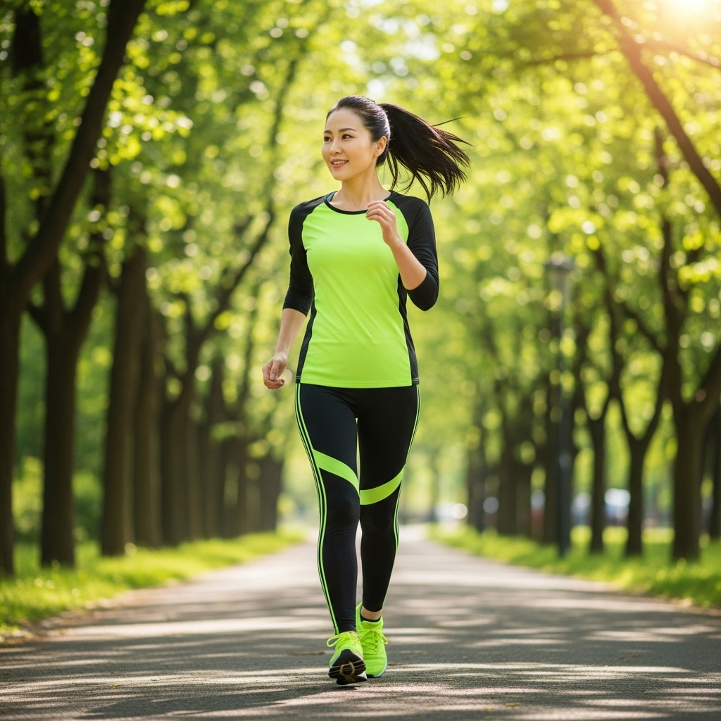 [이미지 3: 편안한 복장의 40대 한국인 여성이 식사 후 공원에서 가볍게 걸으며 운동하는 활기찬 모습]