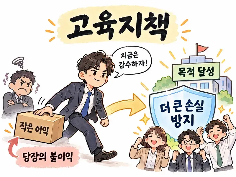 Educational illustration explaining Goyukjichaek, a Korean four-character idiom meaning a self-sacrifice strategy, in which a person accepts an immediate disadvantage to prevent greater losses and achieve a larger goal.