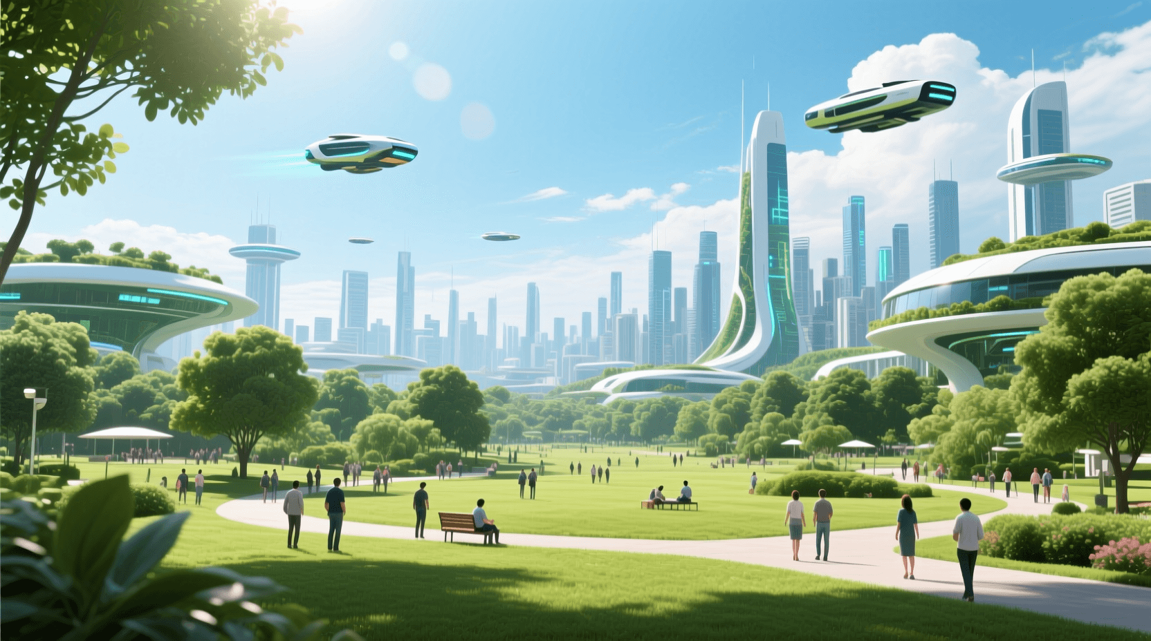 푸른 잔디와 나무가 우거진 공원 위로 비행체들이 날아다니고, 멀리 화이트톤의 미래형 고층 빌딩들이 보이는 평화로운 도시 풍경.