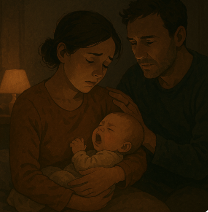 밤중수유 중 아기를 안고 토닥이며 달래는 부모의 모습을 담은 따뜻한 감성 일러스트