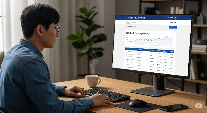 상생페이백 공식 누리집에 접속하여 2024년 카드 사용 내역을 조회하는 남성의 모습