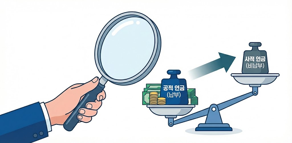 감사원의 돋보기 아래에 '국민연금'과 '사적연금'이 올려져 있고, 형평성 저울이 기우뚱하고 있는 인포그래픽