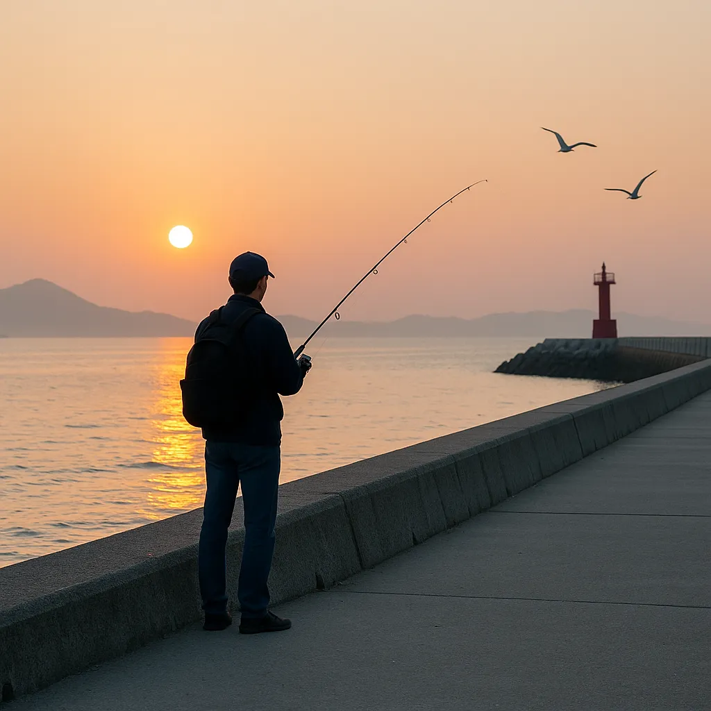 강화도 방파제에서 낚시하는 사람