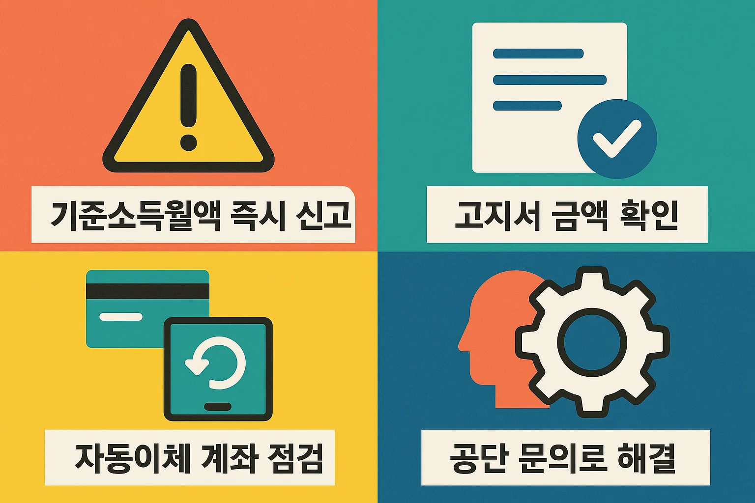 기준소득월액 즉시 신고, 고지서 금액 확인, 자동이체 계좌 점검, 공단 문의를 통한 문제 해결 등 연금보험료 관련 오류 대처 방법을 안내하는 인포그래픽입니다.