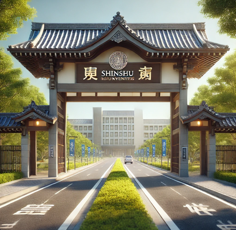 지역 사회에 협력하는 신슈대학 정문 이미지 입니다.