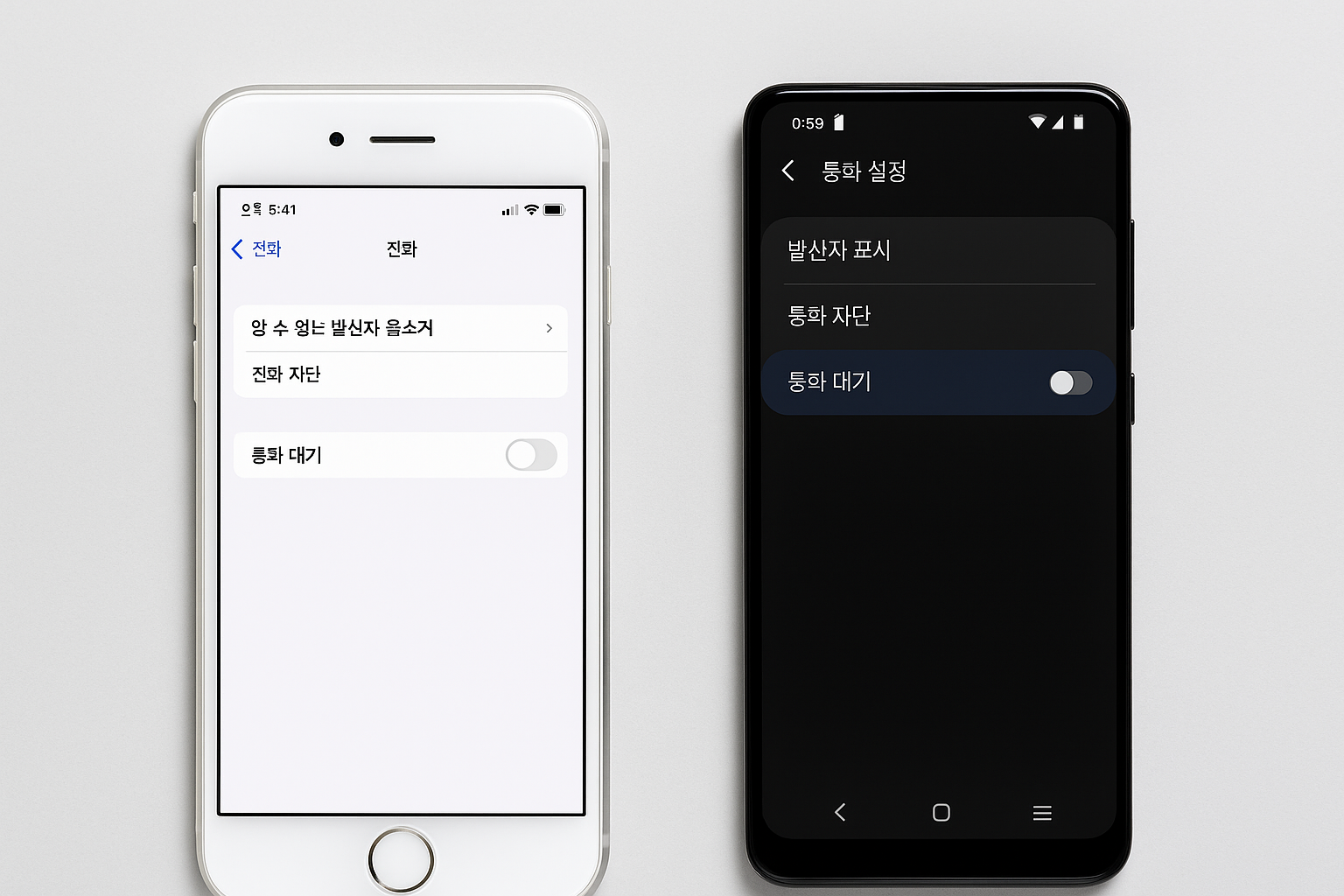 통화 대기 기능이 꺼진 iPhone과 안드로이드 설정 예시