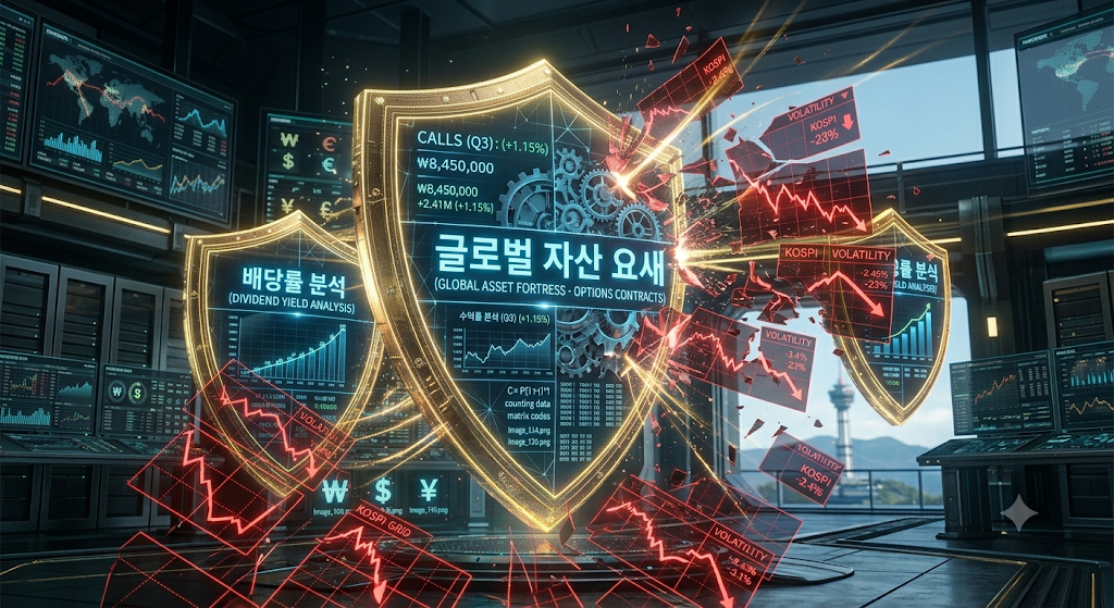 26.4조 원 규모로 폭풍 성장한 커버드콜 ETF 시장에서 SOL 타겟위클리와 ACE 고배당주 액티브가 널뛰는 증시 변동성 속 연금 계좌를 수호하는 하이테크 금융 그래픽