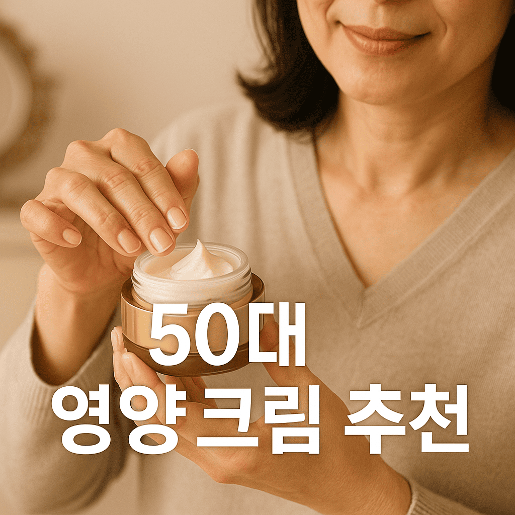 대체텍스트: 50대-한국여성-크림을-손가락에-덜어내는-모습-부드러운-베이지-배경-50대-영양-크림-추천-글씨