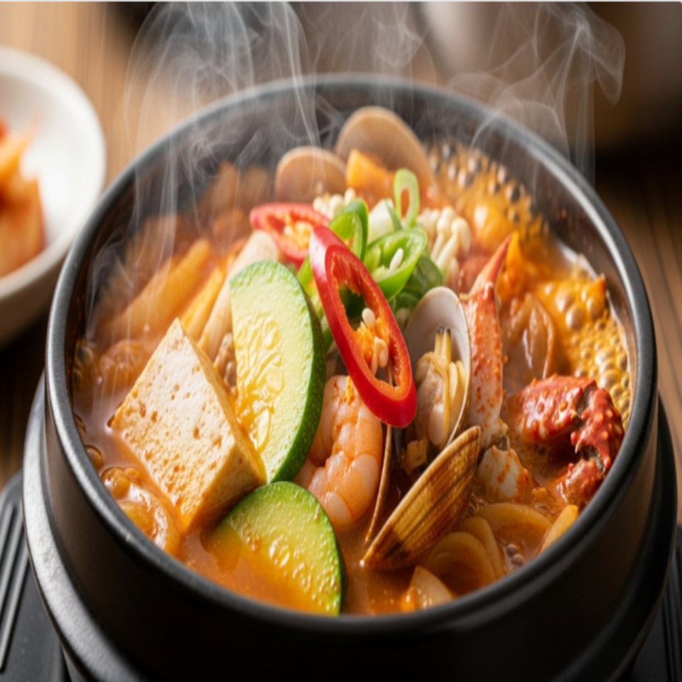 김이 모락 나는 두부와 호박이 들어간 해물 된장찌개 클로즈업