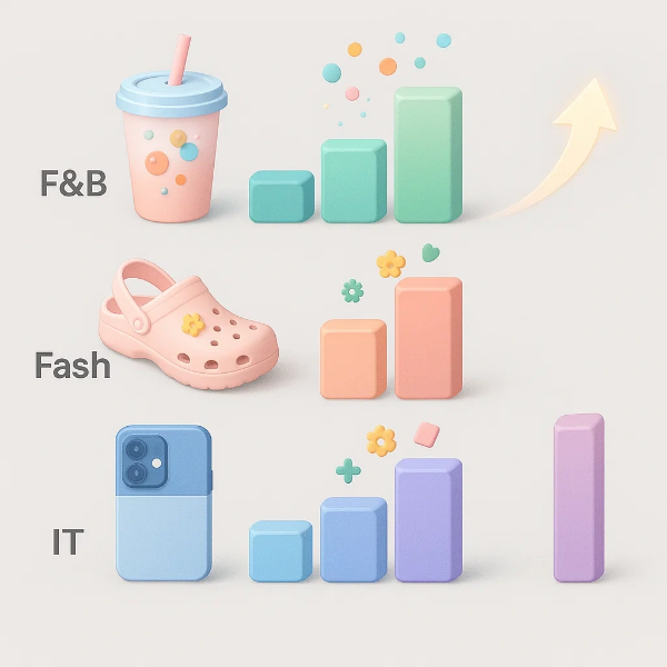 음료, 크록스, 스마트폰 아이콘과 함께 F&B, 패션, IT 분야의 커스터마이징 확산을 나타내는 컬러풀한 3단 막대그래프가 나란히 배치된 디지털 일러스트