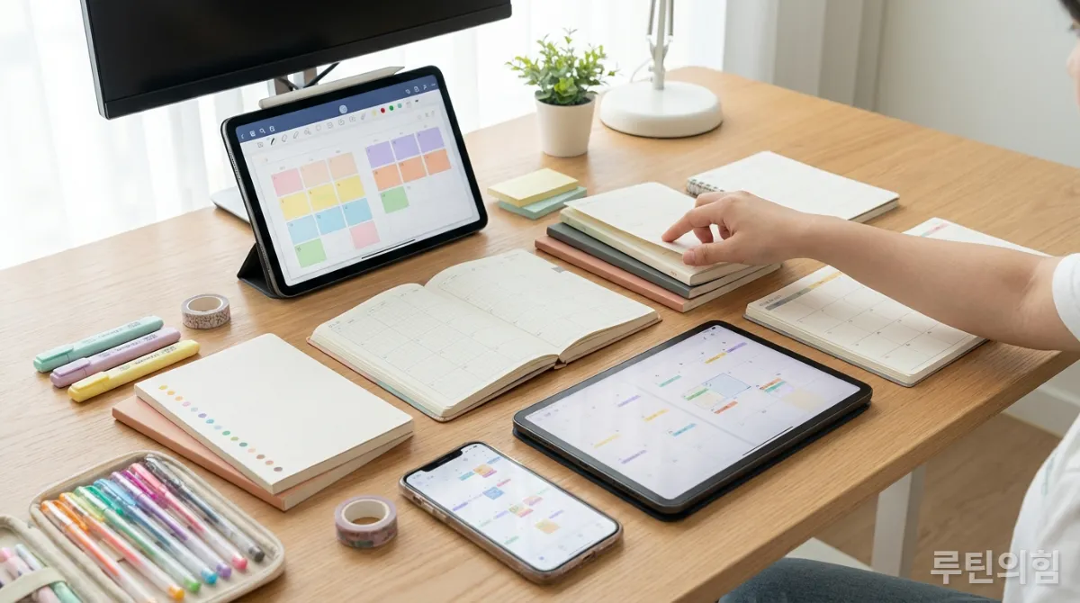디지털과 아날로그 플래너 도구들이 놓인 책상