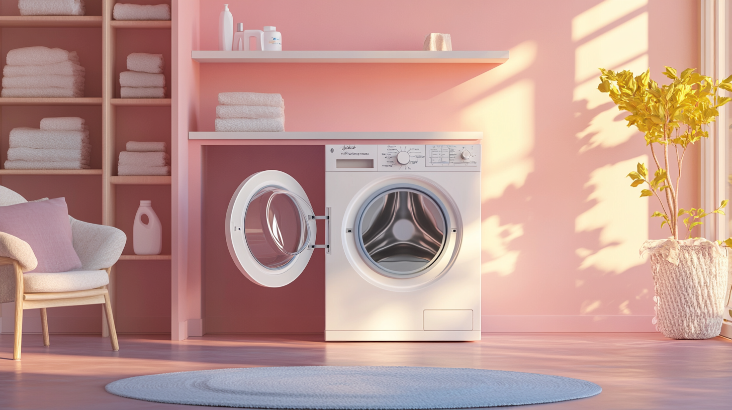 깨끗하고 세련된 세탁실, 열려 있는 세탁기가 유지보수를 강조하는 모습