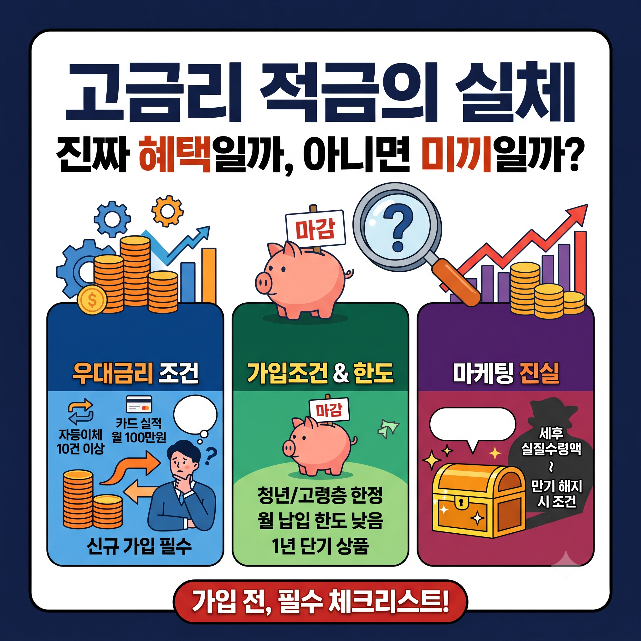 고금리 적금의 실체(우대금리 조건, 가입조건 및 한도, 마케팅의 진실)를 정리한 카드뉴스 썸네일