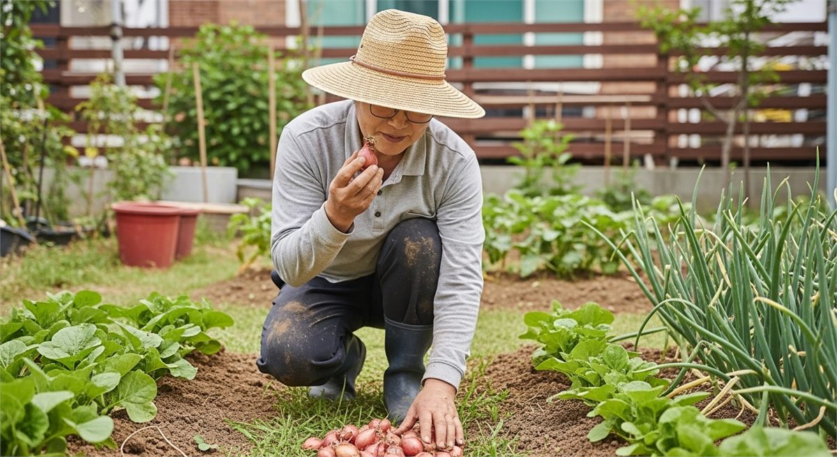 텃밭에 심기 전 건강한 쪽파 종구를 고르는 한국인 가드너 