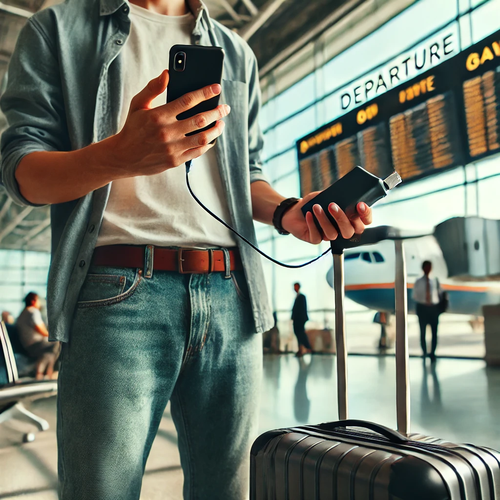 여행자가 공항에서 스마트폰과 보조배터리를 들고 탑승을 기다리는 모습을 이미지