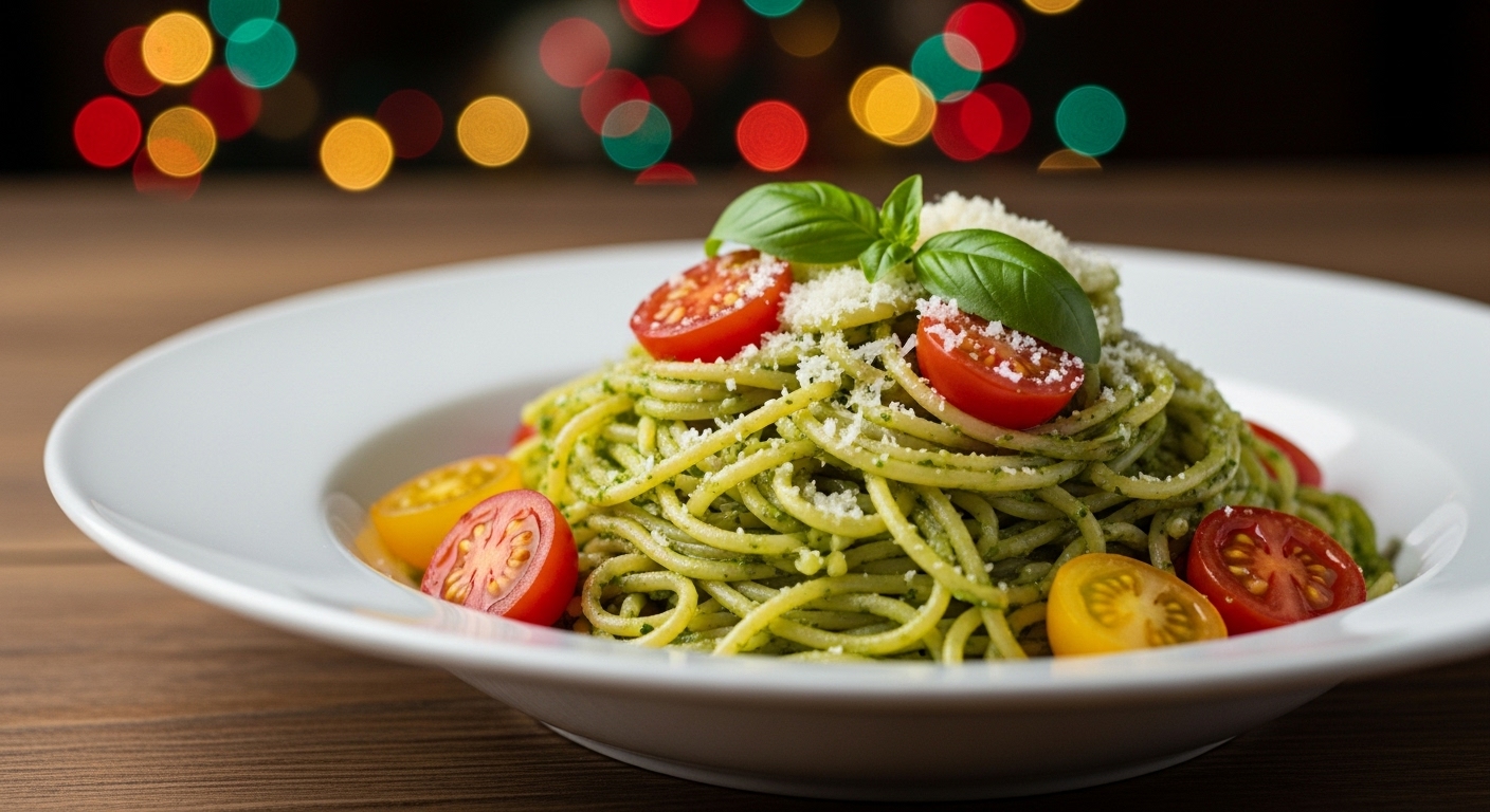 초록빛 바질 페스토가 풍성하게 어우러진 스파게티 파스타 접시. 반으로 자른 방울토마토와 파마산 치즈가 올라가 먹음직스러우며, 따뜻한 조명 아래 크리스마스 홈파티 분위기를 더합니다.