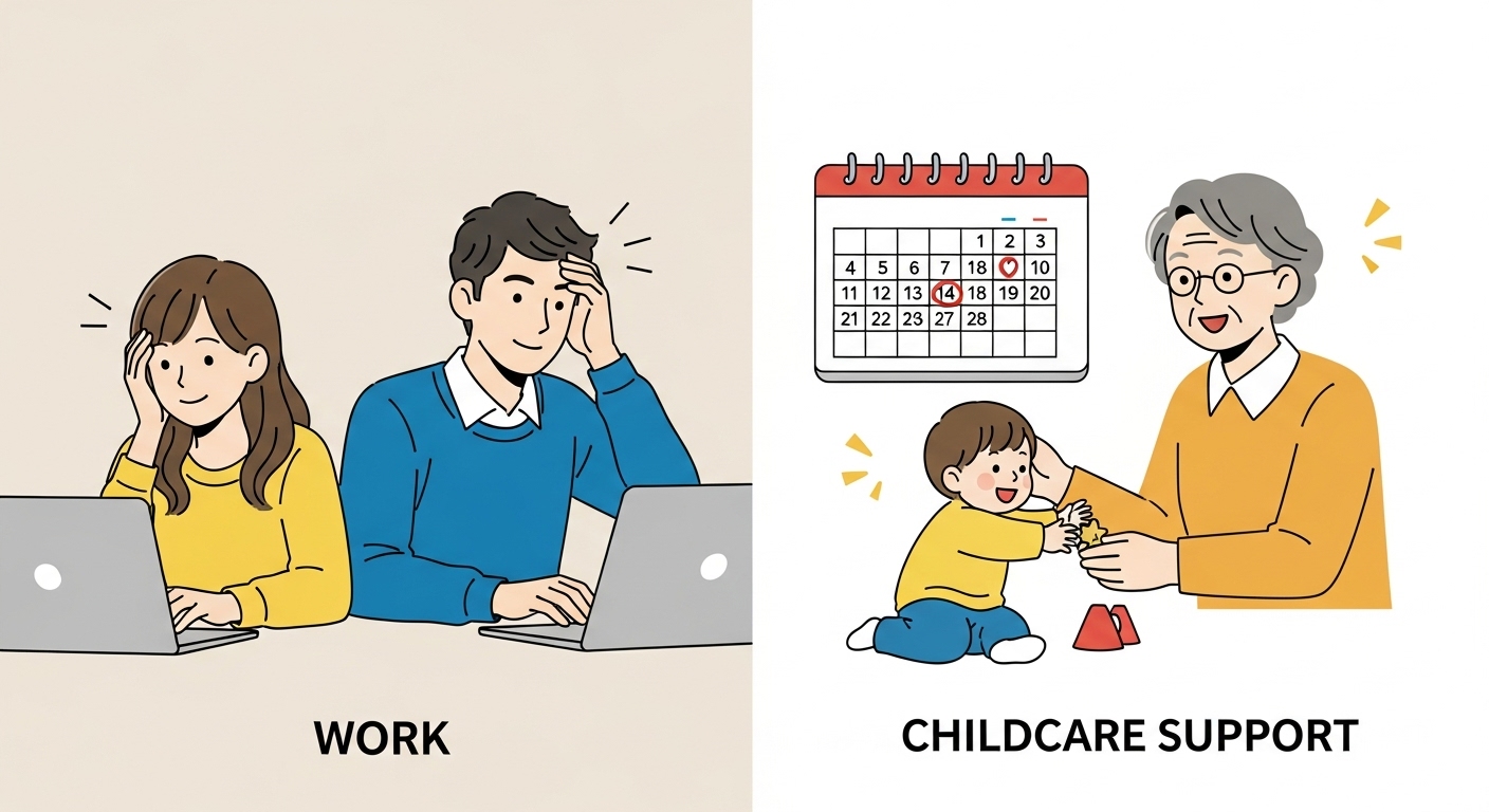 맞벌이 부모가 일하는 동안 조부모가 손주를 돌보는 모습, 조부모돌봄수당 지원 조건의 중요성을 시각적으로 표현