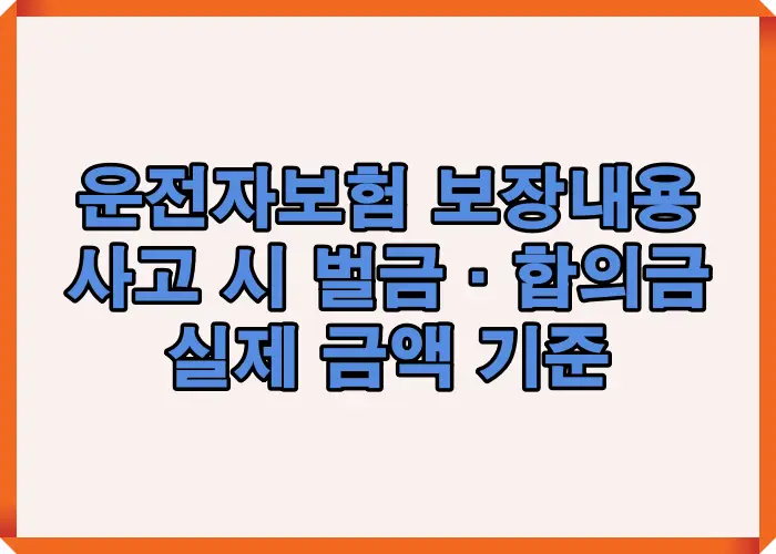 운전자보험 보장 항목별로 사고 발생 시 지원되는 교통사고 처리지원, 벌금, 변호사 선임 항목을 요약한 이미지