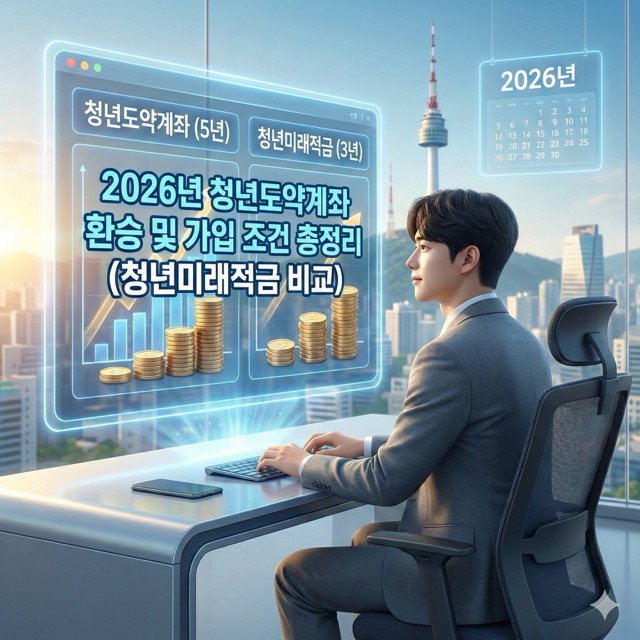 2026년 청년도약계좌와 청년미래적금의 선택지를 비교하며 자산 관리를 계획하는 청년의 모습을 표현한 일러스트