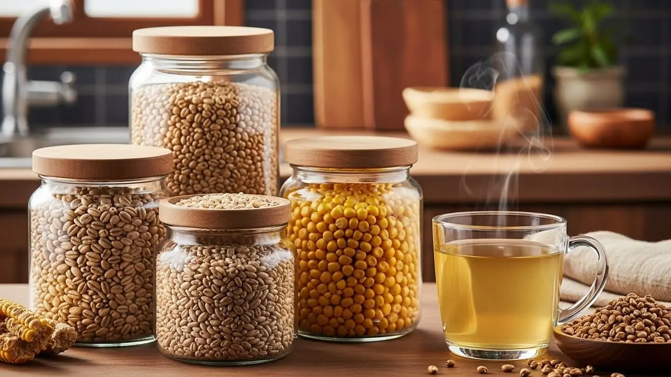 볶은 보리, 현미, 옥수수 알갱이가 담긴 유리병들과 그 곡물로 우려낸 따뜻한 차가 놓여있는 모습. 건강하고 편안한 분위기를 연출한다.