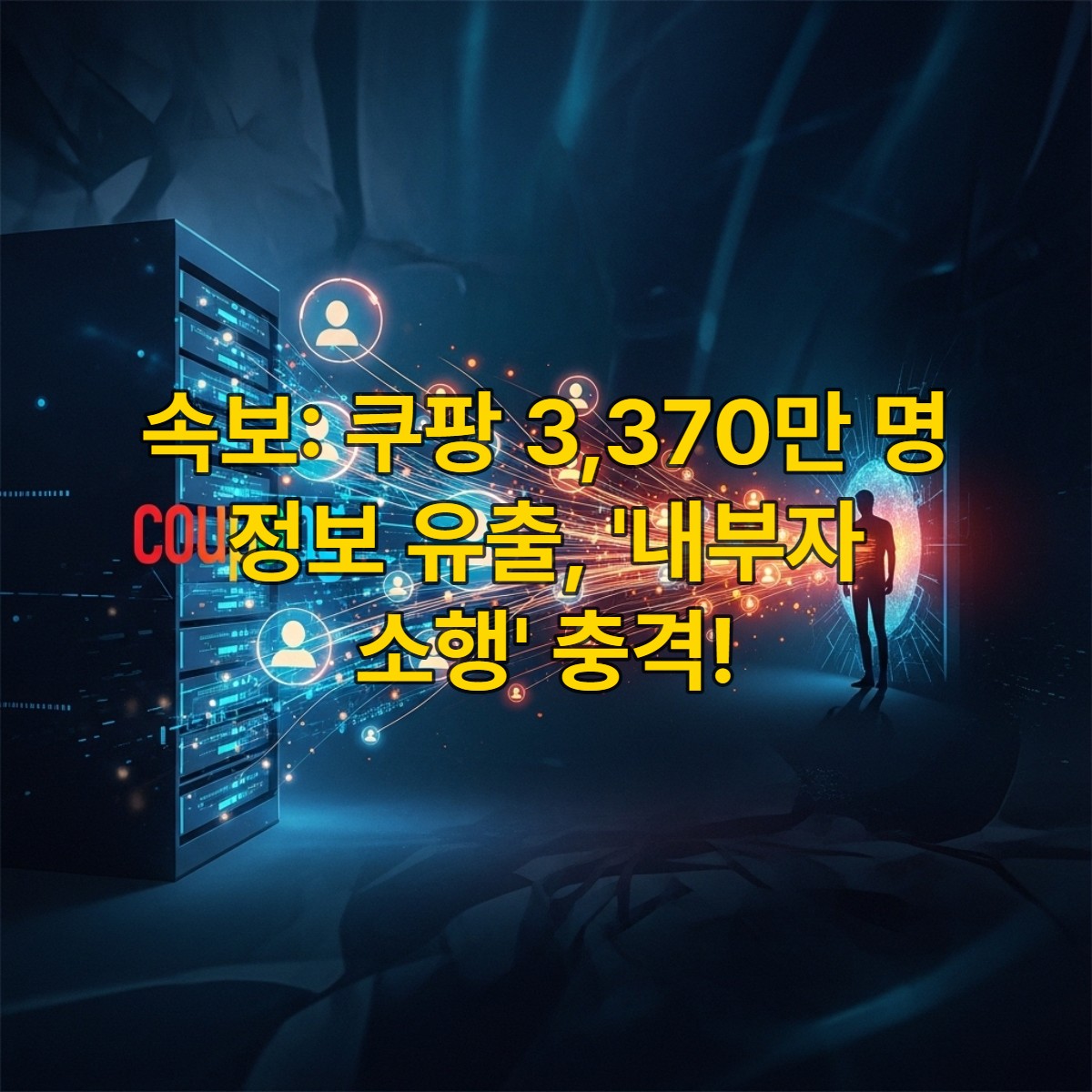 쿠팡 로고가 있는 서버에서 개인 정보가 유출되는 모습을 상징적으로 표현한 이미지. 데이터가 어두운 통로를 통해 빠져나가고 있으며, 긴급하고 심각한 분위기를 풍깁니다.