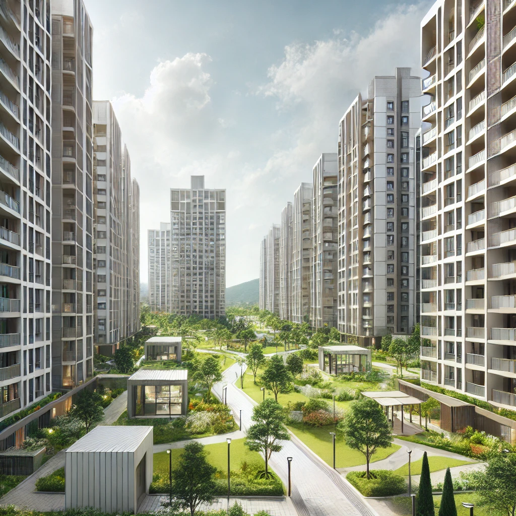 "한국의 현대식 아파트 단지 외부 전경. 대칭적으로 설계된 아파트 건물과 잘 관리된 녹지 공간, 산책로, 나무들로 구성되어 있으며 밝고 청명한 하늘 아래 깔끔하고 환영하는 분위기를 연출."