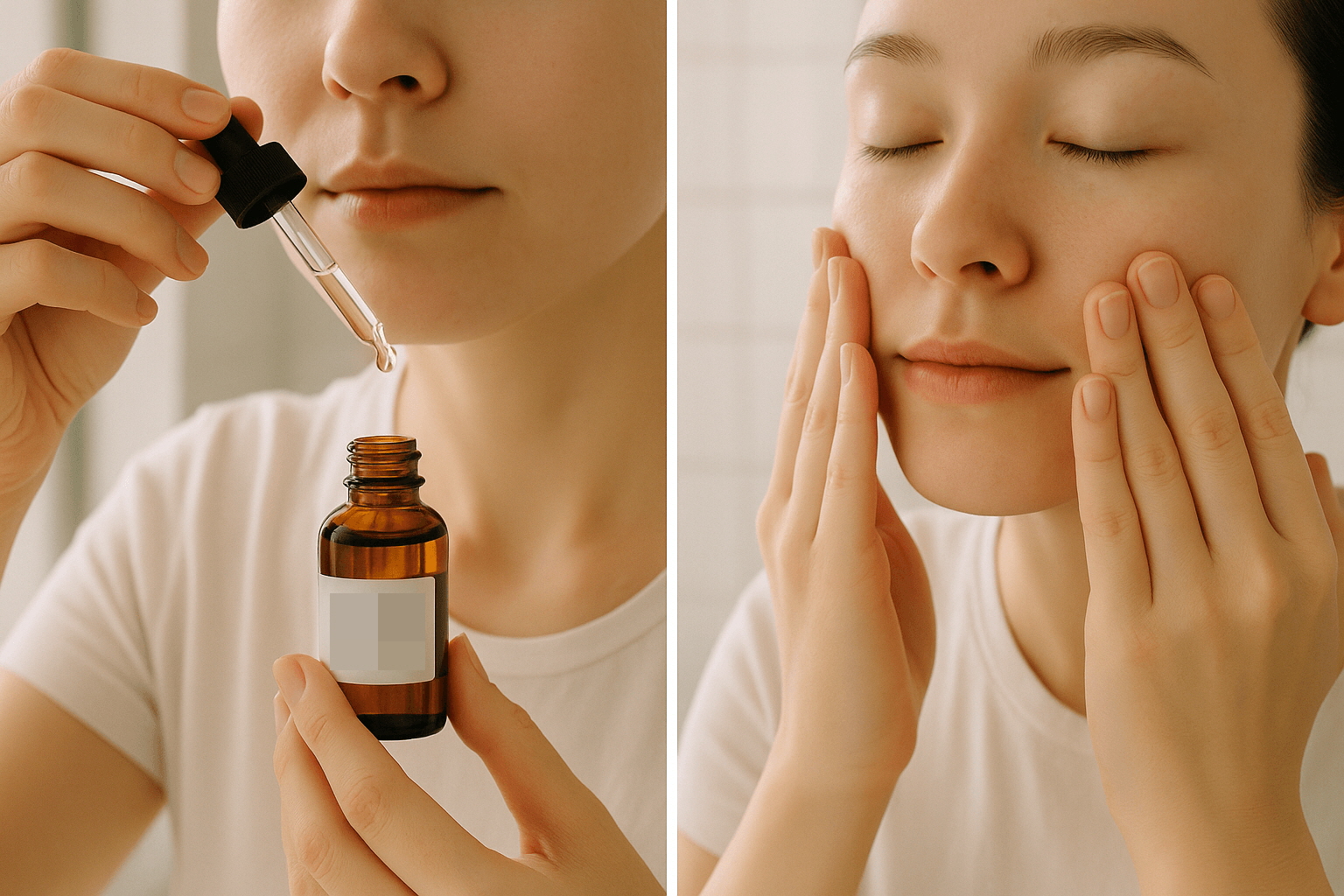 호호바오일을 손끝에 떨어뜨려 얼굴에 바르는 모습. 흡수시키는 단계의 사용법을 보여주는 장면