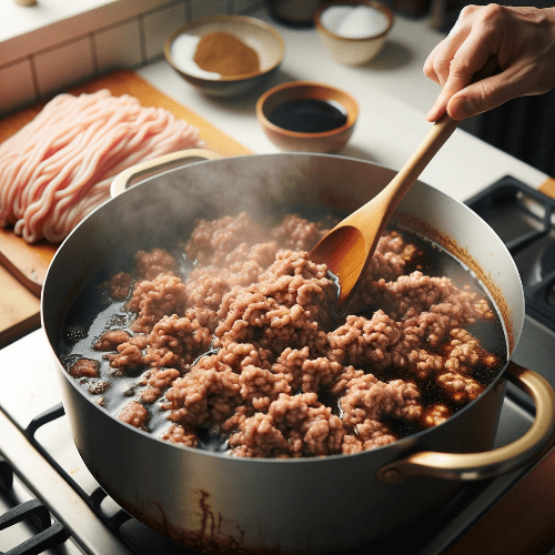 설탕과- 간장을- 끓이는-냄비에-돼지고기-넣은-이미지