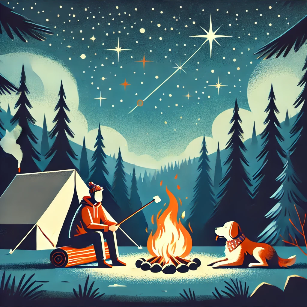 가운데 모닥불을 피워놓고 강아지와 캠핑중인 사람