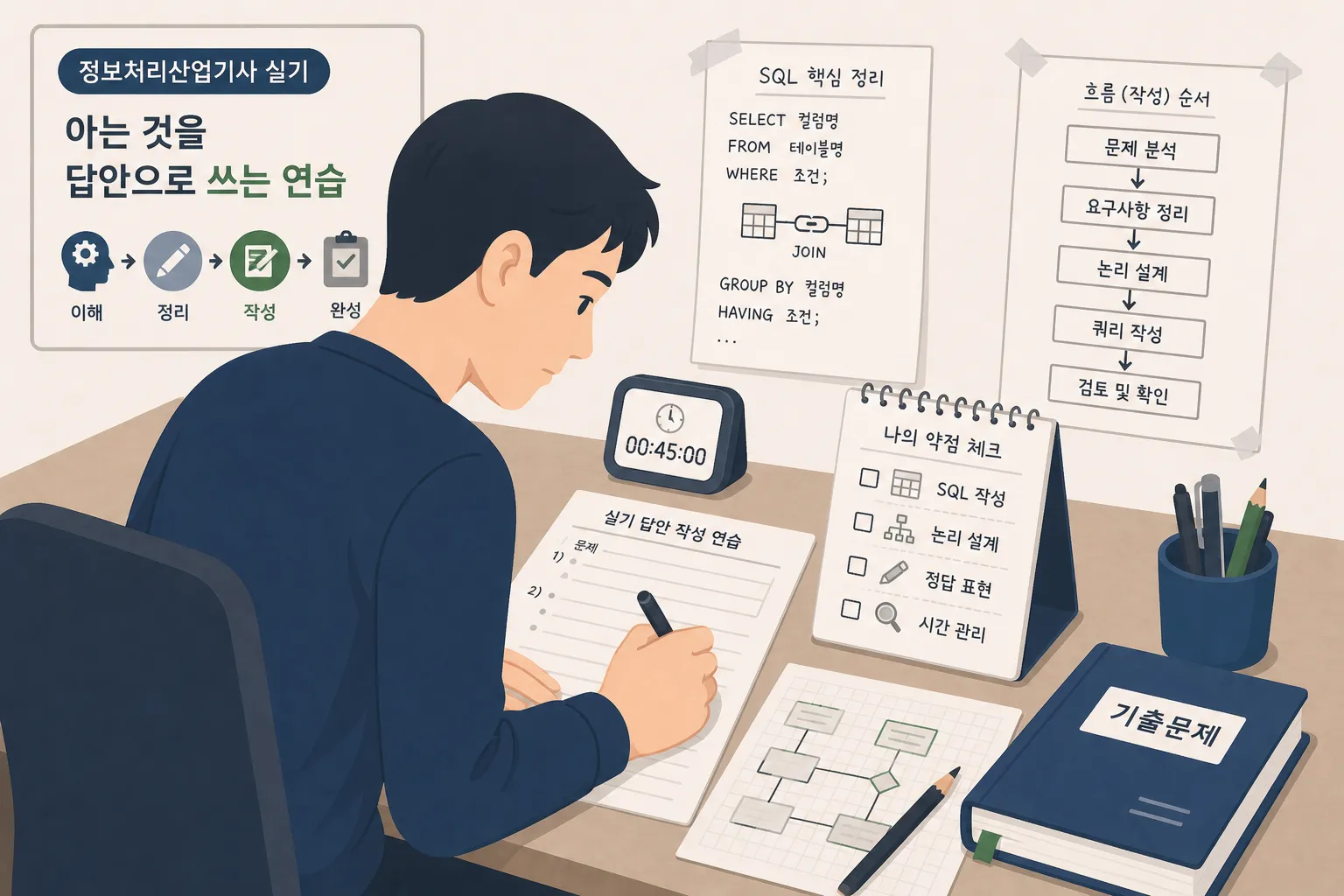 정보처리산업기사 실기 합격률을 높이기 위해 SQL 작성, 논리 설계, 시간 관리까지 직접 답안으로 쓰는 연습 과정을 보여주는 이미지