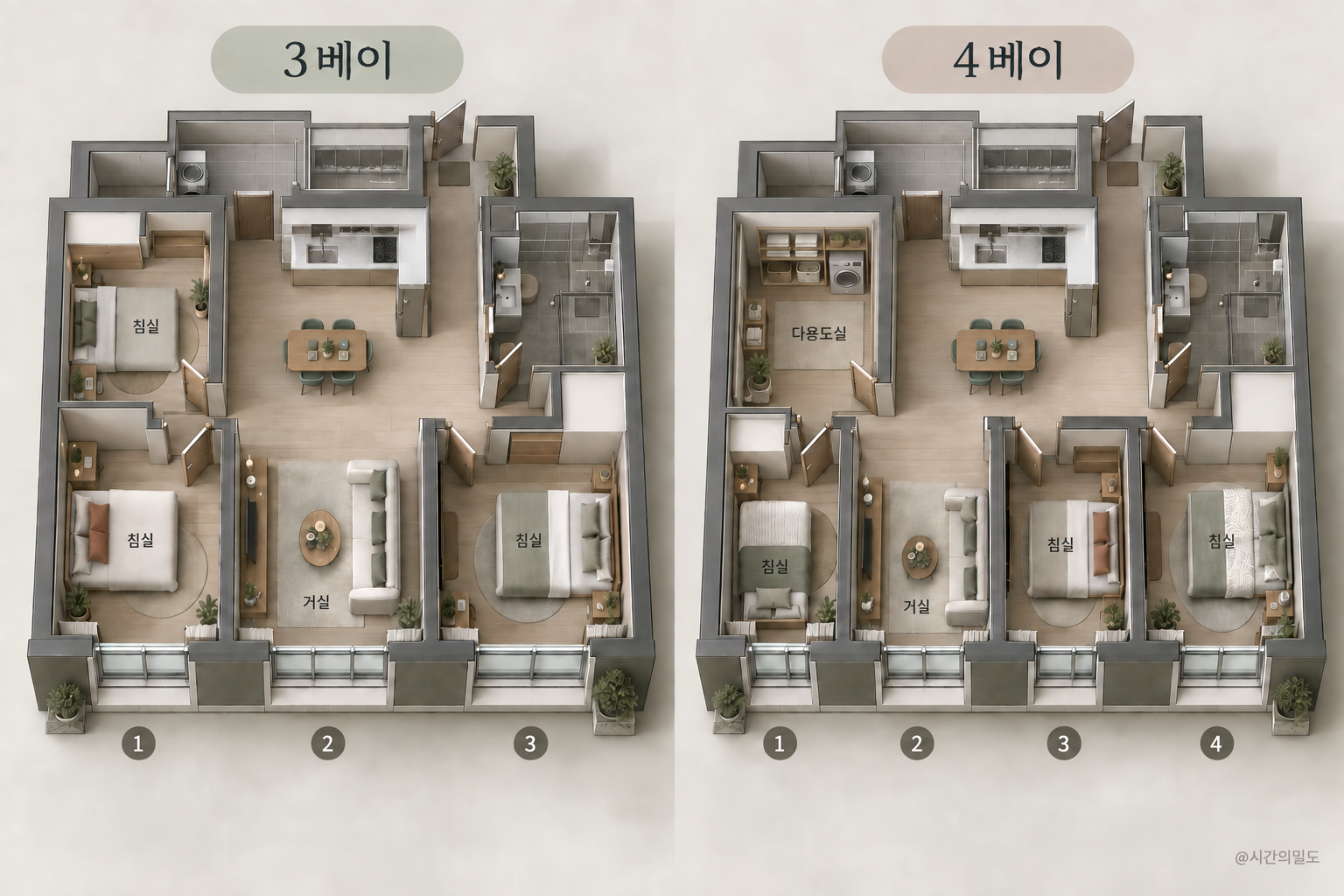방 세 개와 거실 하나를 유지한 가상 3베이와 4베이 평면에서 전면에 놓인 공간만 비교한 그림