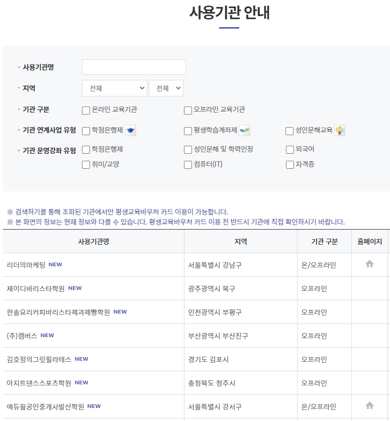 평생교육바우처 사용기관 학원