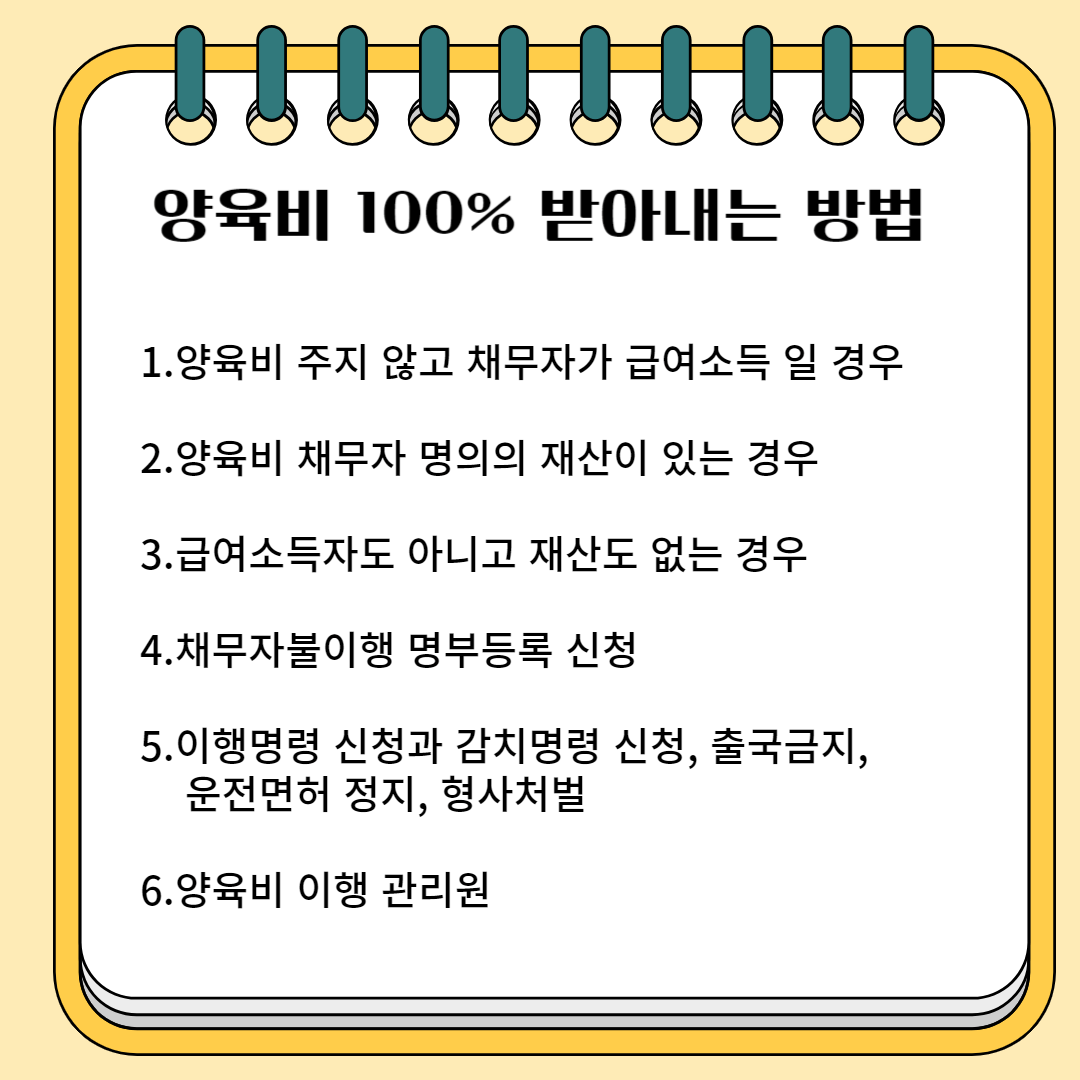 양육바 100% 받아내는 방법 1.양육비 주지 않는 채무자가 급여소득자 일 경우 2.양육비 채무자 명의의 재산이 있는 경우 3.급여소득자도 아니고 재산도 없는 경우 4. 채무불이행자 명부등록 신청 5.이행명령 신청, 감치명령 신청, 출금금지, 운전면허 정지, 형사처벌 6. 양육비 이행관리원