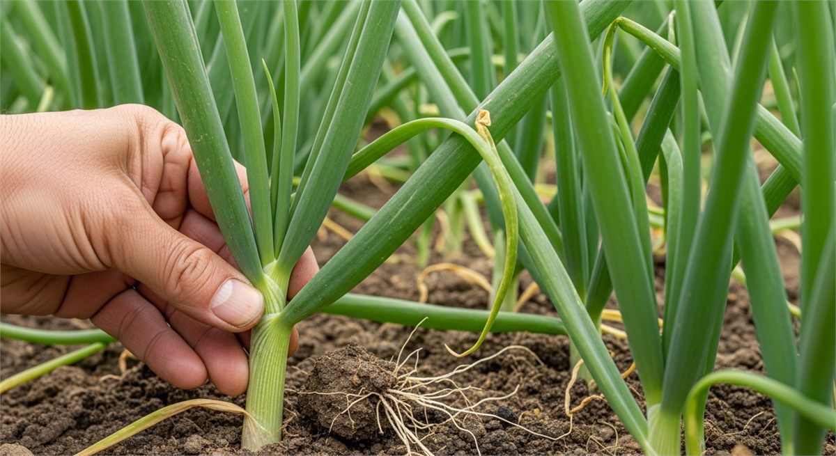 잎 길이와 포기 크기로 쪽파 수확 적기를 살피는 장면 