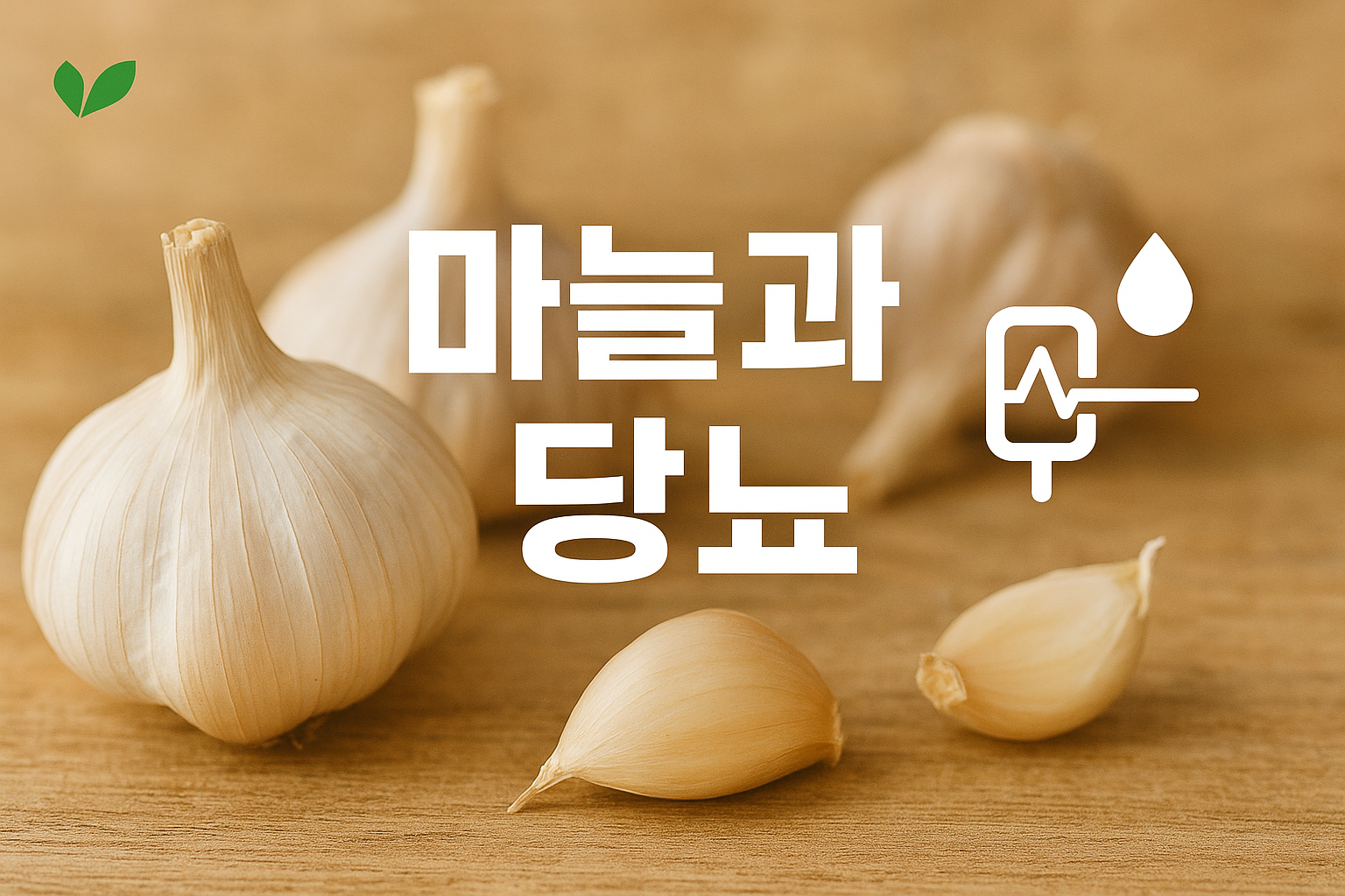 마늘과 당뇨를 주제로 한 블로그 썸네일 이미지로, 흰색 배경 위에 신선한 마늘과 혈당 그래프, 건강을 상징하는 아이콘이 조화롭게 배치되어 있으며 중앙에는 ‘마늘과 당뇨’라는 문구가 선명하게 적혀 있는 모습.