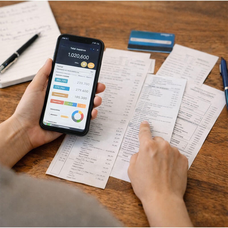 가계부 앱과 카드 사용 내역을 비교하며 월별 지출 패턴을 살펴보는 생활 관리 장면