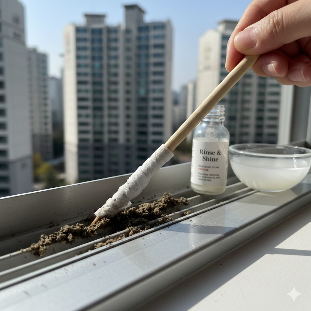 아파트 단지가 내려다보이는 창가에서 나무젓가락 끝에 흰색 물티슈를 팽팽하게 감아 창틀의 좁은 틈새에 쌓인 짙은 회색 먼지 더미를 정교하게 긁어내고 있는 근접 사진이에요. 창틀 위에는 코팅 작업을 위한 투명한 린스 용기와 뽀얀 쌀뜨물이 담긴 작은 유리그릇이 놓여 있으며, 밝은 햇살이 내리쬐어 청소 과정의 실용적인 현장감이 생생하게 느껴져요.