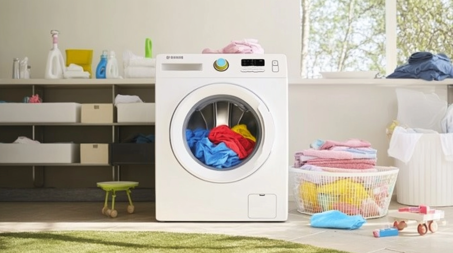 바쁜 가족이 세탁 도중에도 옷을 추가할 수 있는 애드워시 기능을 활용하는 삼성 세탁기가 있는 세탁실 장면.