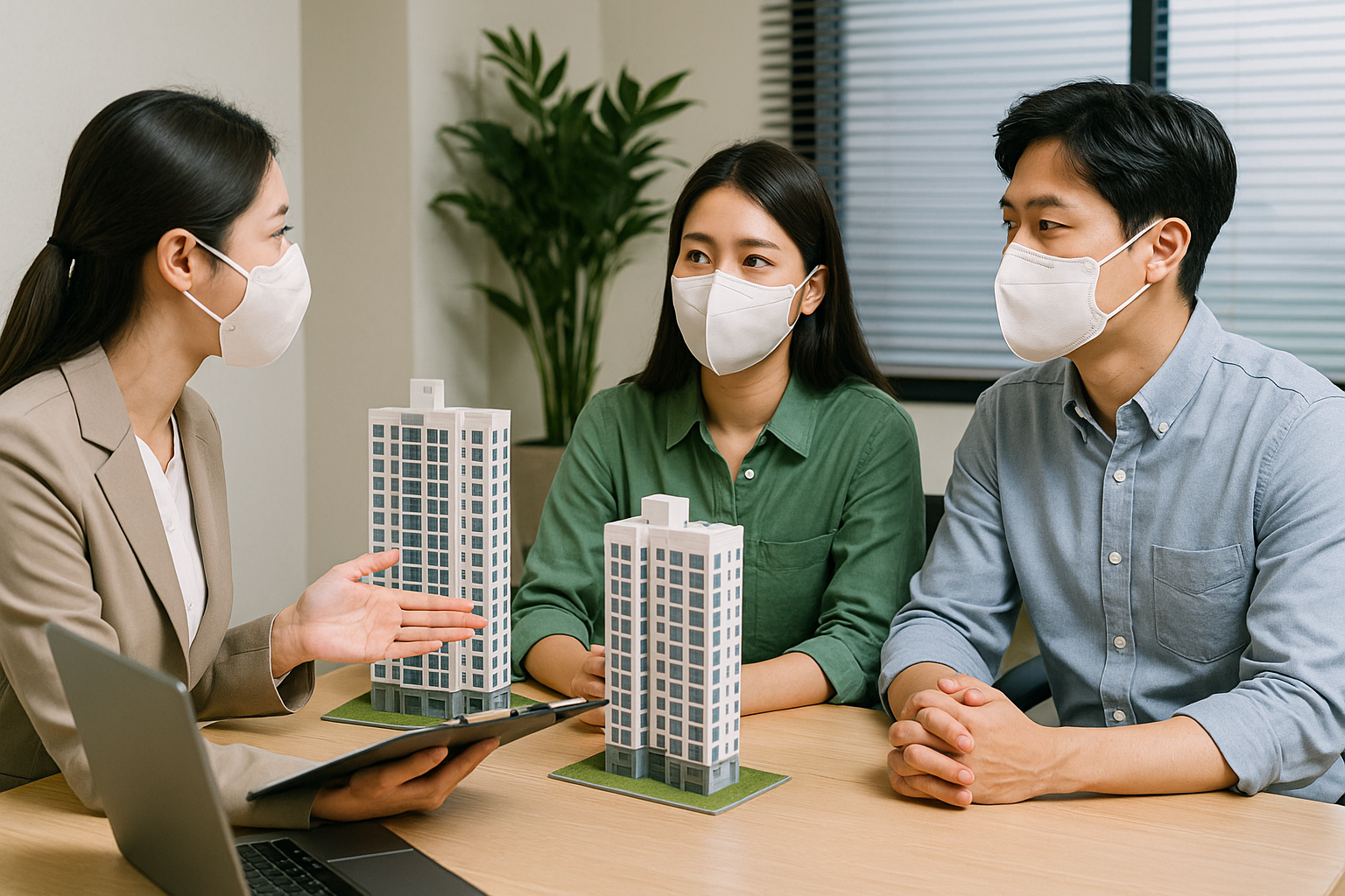아파트 모형 앞에서 상담받는 젊은 부부 사진