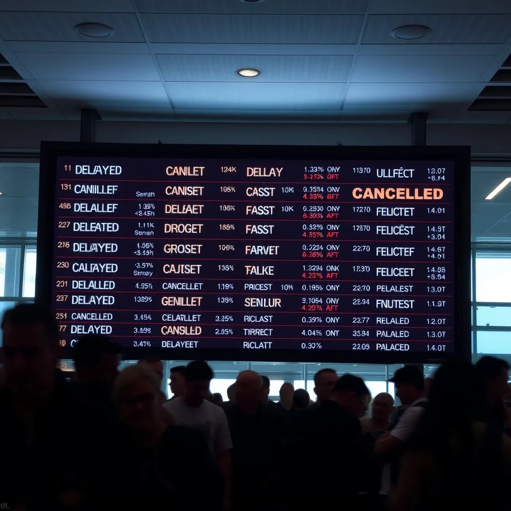 공항 로비에 위치한 대형 정보 전광판에 &amp;#39;취소(CANCELLED)&amp;#39; 또는 &amp;#39;지연(DELAYED)&amp;#39;이라는 문구가 가득 채워져 있습니다. 화면 주변으로는 혼란스러워 보이는 승객들의 실루엣이 흐릿하게 비쳐&amp;#44; 파업으로 인한 혼란을 시사하는 이미지입니다. 