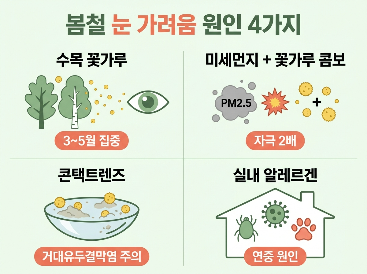 눈 가려움 원인, 꽃가루 결막염, 미세먼지 눈 자극, 콘택트렌즈 알레르기