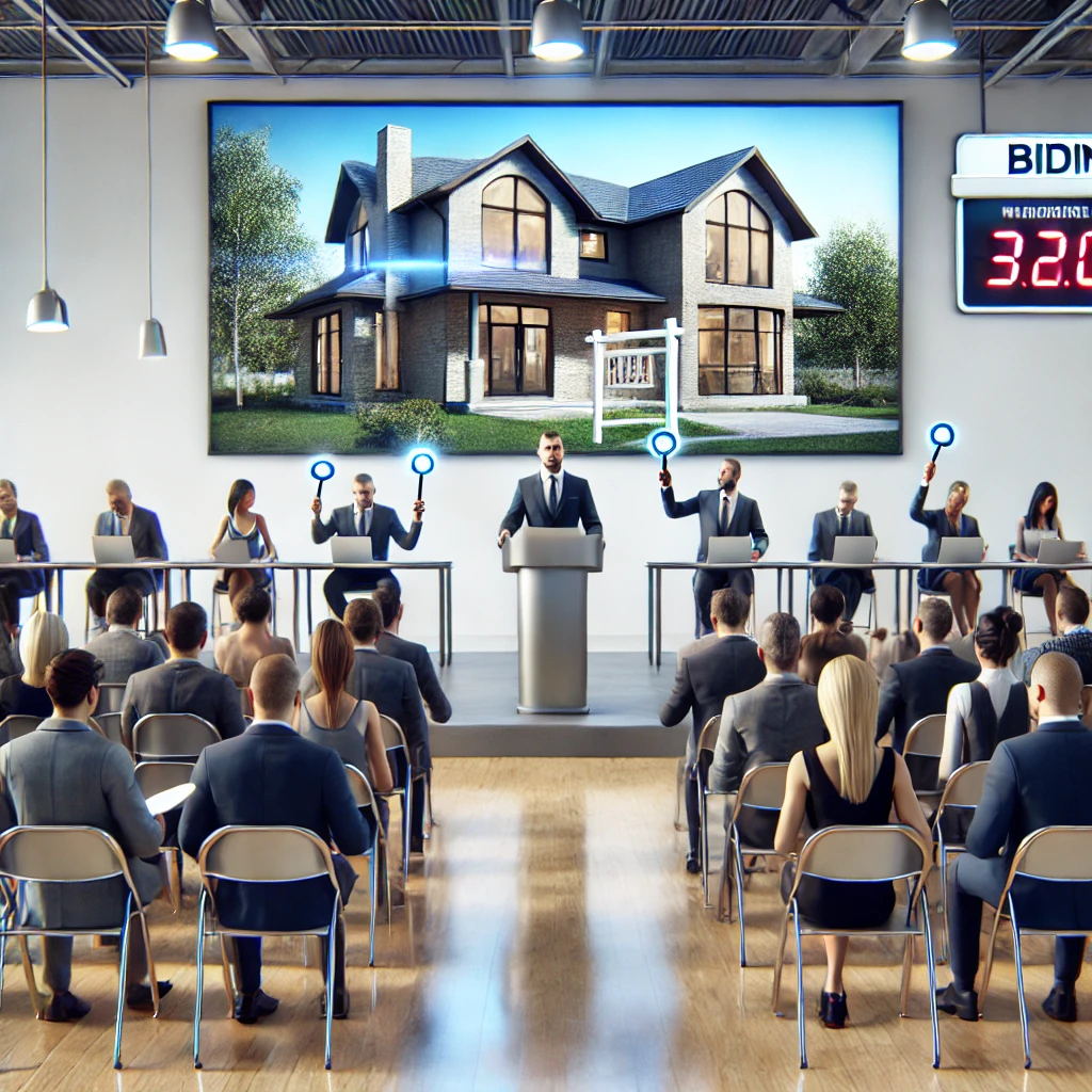 부동산 경매장에서 경매를 진행하는 모습