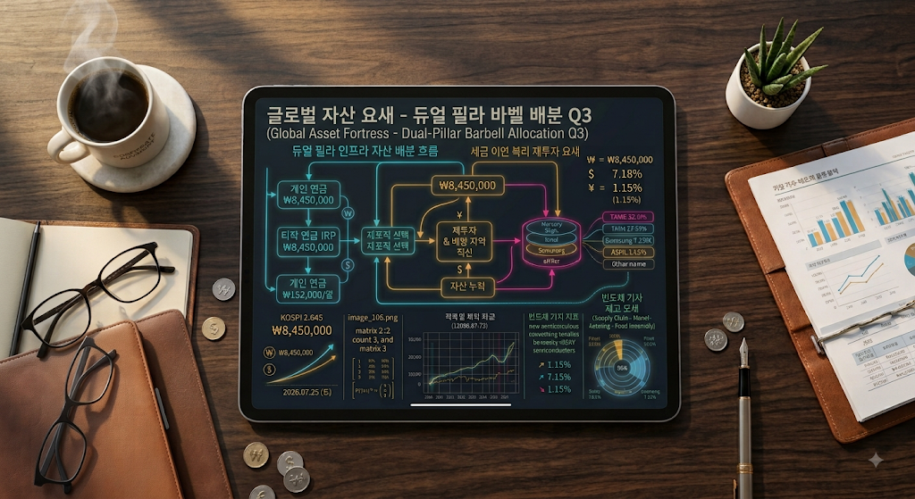 세련된 서재 테이블 위 태블릿 화면에 선명하게 정렬된 JEPI 50% + JEPQ 50% 듀얼 바벨 포트폴리오 아키텍처 및 월배당 현금흐름 구조도