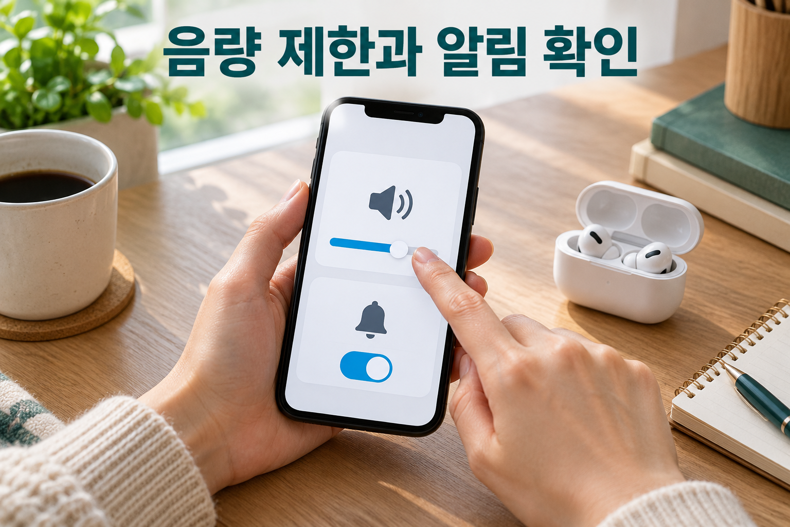 책상에서 스마트폰의 음량 제한 슬라이더와 노출 알림 토글을 확인하는 손