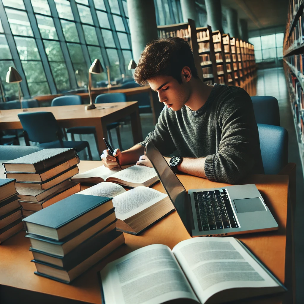 도서관에서 책과 노트북에 둘러싸여 열심히 공부하는 학생. 조용하고 차분한 분위기에서 목표 달성을 위한 꾸준한 노력을 보여줌