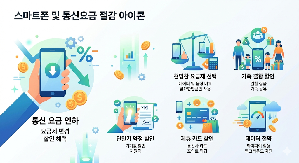 스마트폰과 통신요금 절감을 상징하는 아이콘을 표현한 인포그래픽