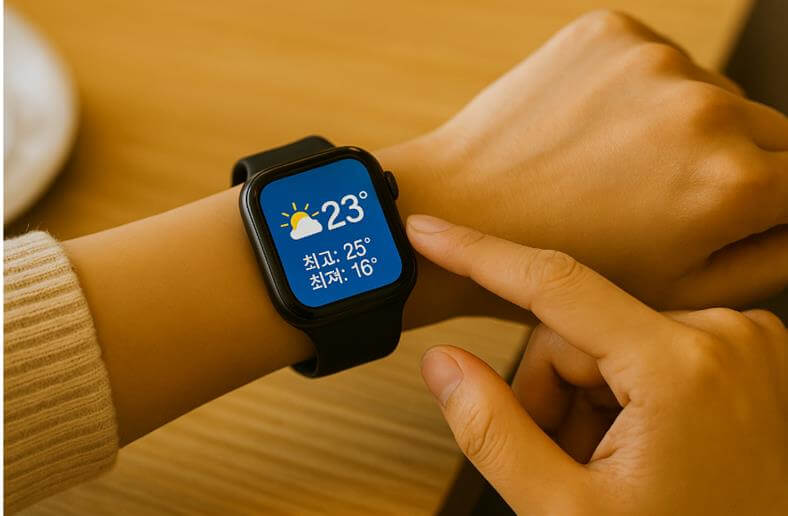 스마트워치 화면에 날씨와 최고&middot;최저 기온이 표시된 모습