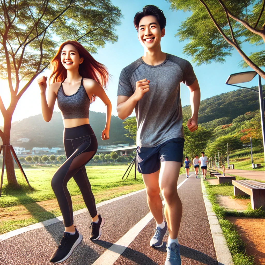 A group of young adults in their 20s, a man and a woman, running outdoors in a scenic park in South Korea. The man is wearing athletic shorts and a T-shirt, and the woman is wearing leggings and a tank top. Both are smiling and appear energetic, with vibrant green trees and a clear blue sky in the background. The environment includes paved running trails and occasional park benches. The atmosphere is dynamic and full of movement, highlighting their activity and fitness. Include details of Korean facial features and cultural elements such as a subtle hint of a Korean park setting.
