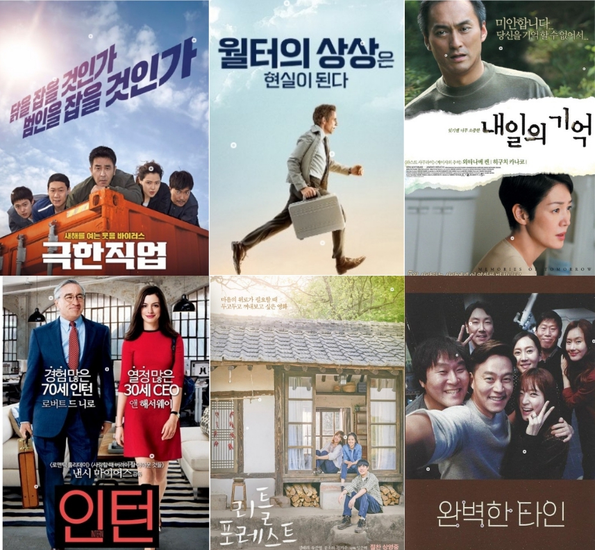 극한직업、 월터의 상상은 현실이 된다、내일의 기억、인턴、리틀포레스트、완벽한 타인에 관한 사진