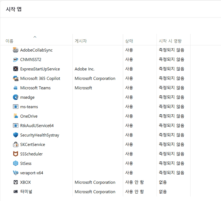 윈도우 11 작업 관리자 시작 앱 화면의 시작 시 영향 열